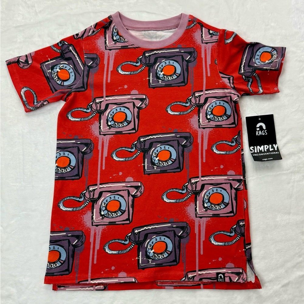 New Rags to Raches Red Retro Telephone Print Short Sleeve Tee -‎ 5/6